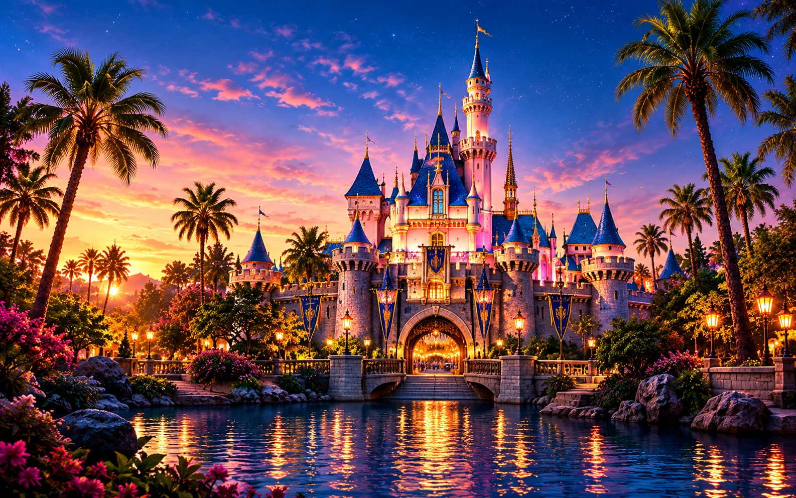 Illustrated California fairytale castle at sunset