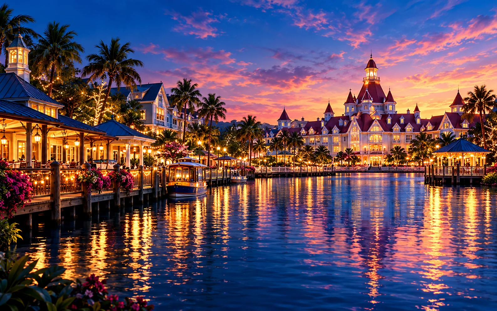 Illustrated waterfront resort at sunset