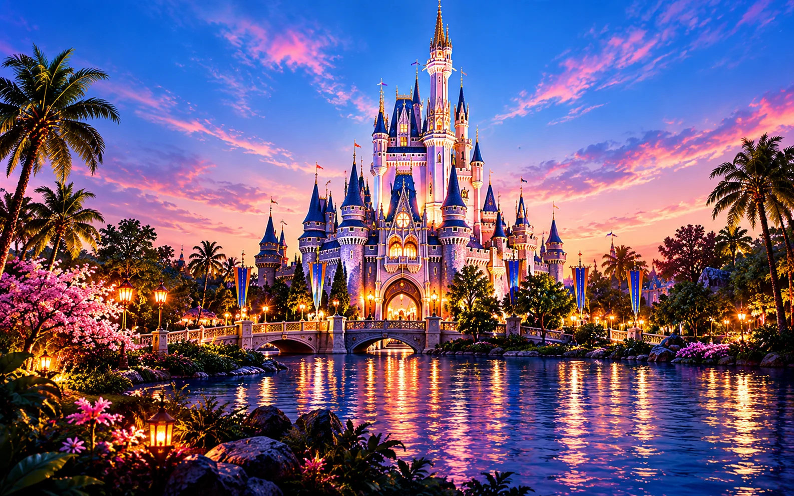 Illustrated Florida castle at sunset