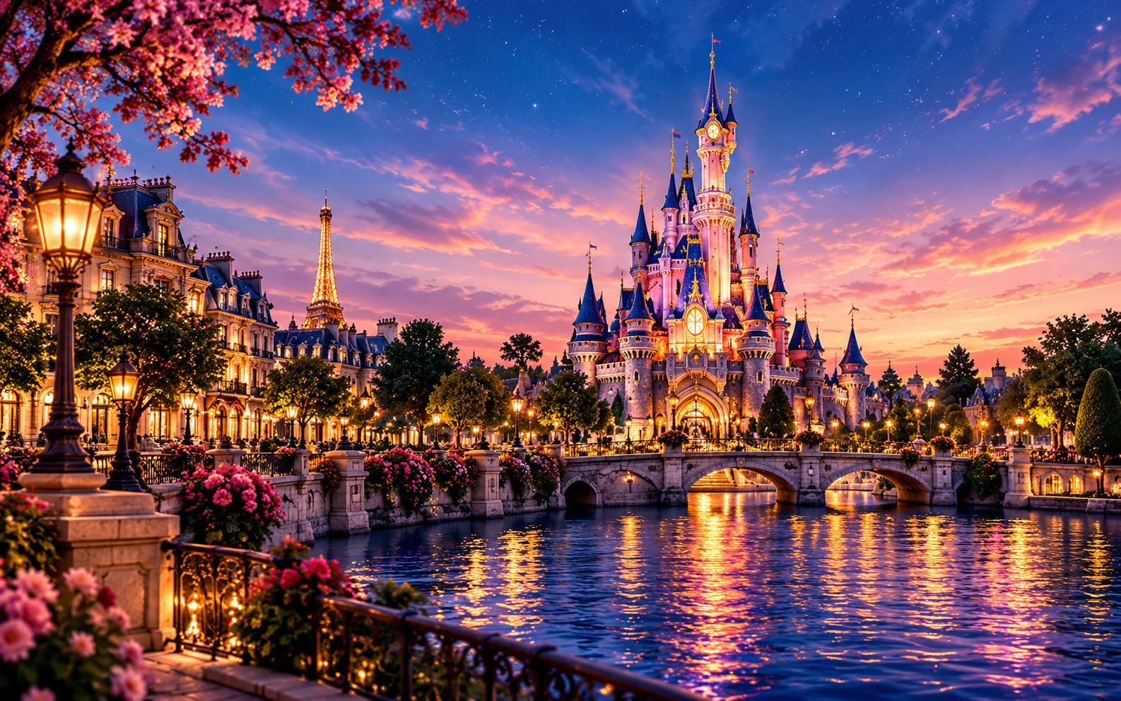 Illustrated Paris fairytale resort at twilight