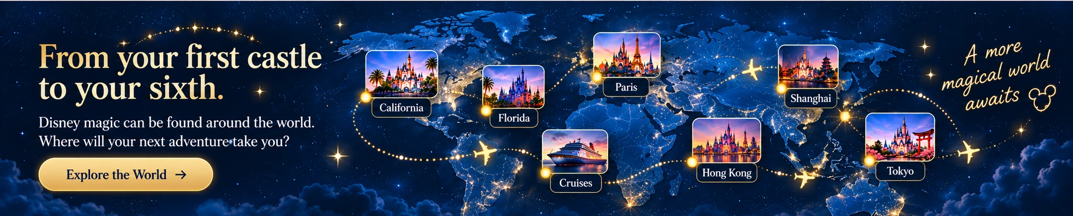 Illustrated global Disney travel map with California, Florida, Paris, cruises, Hong Kong, Shanghai and Tokyo destinations